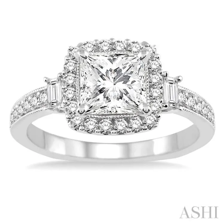 1 1/3 Ctw Diamond Engagement Ring with 3/4 Ct Princess Cut Center Stone in 14K White Gold