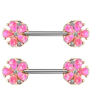 14G Pink Opalescent Glitter Petal Nipple Ring Barbell