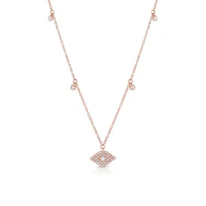 18K Rose Gold Pave Diamond Evil Eye Dangle Pendant Necklace