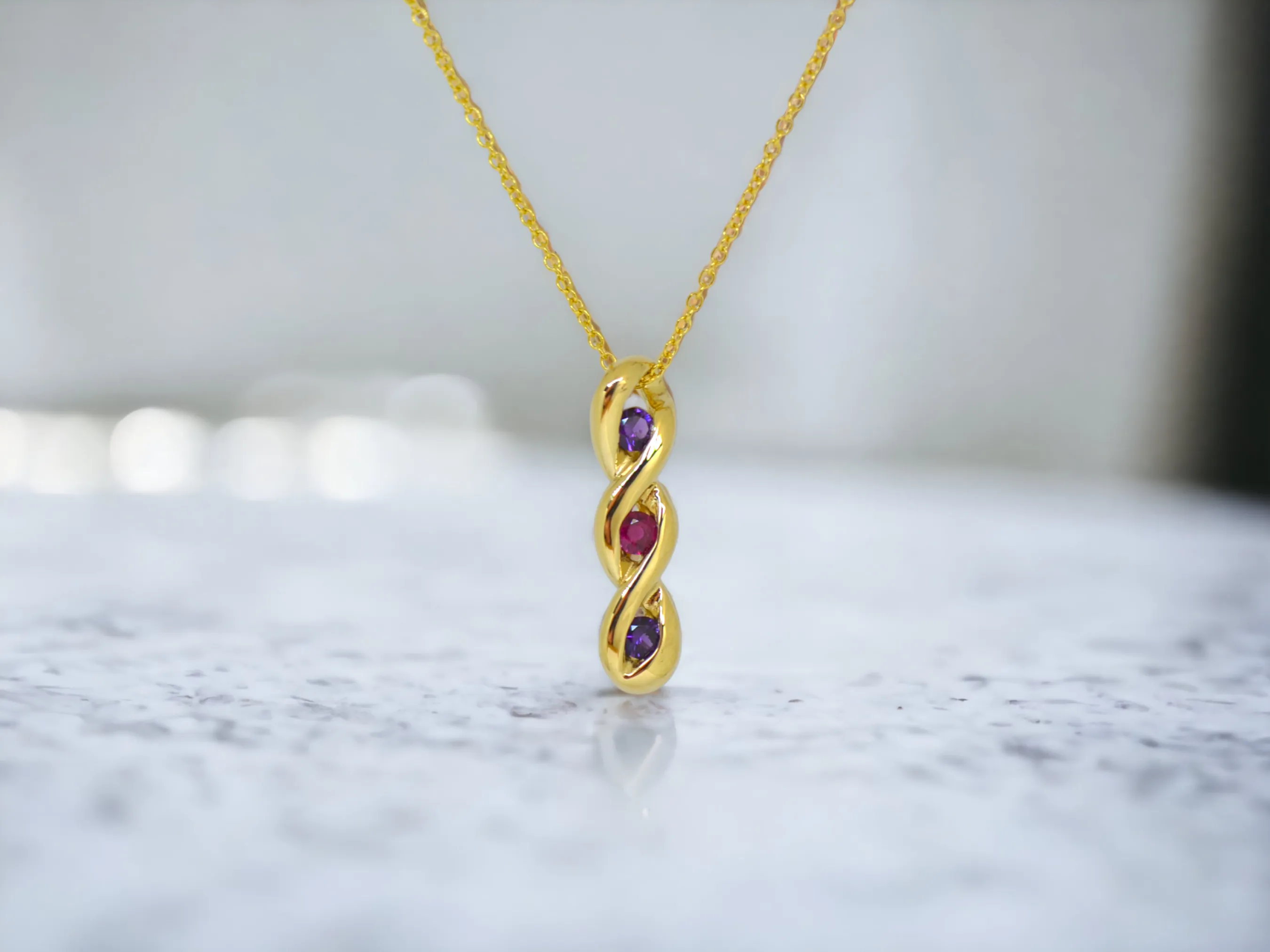 3-Stone Vertical Twist Mother's Family Birthstone Pendant Necklace