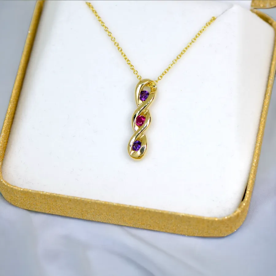 3-Stone Vertical Twist Mother's Family Birthstone Pendant Necklace