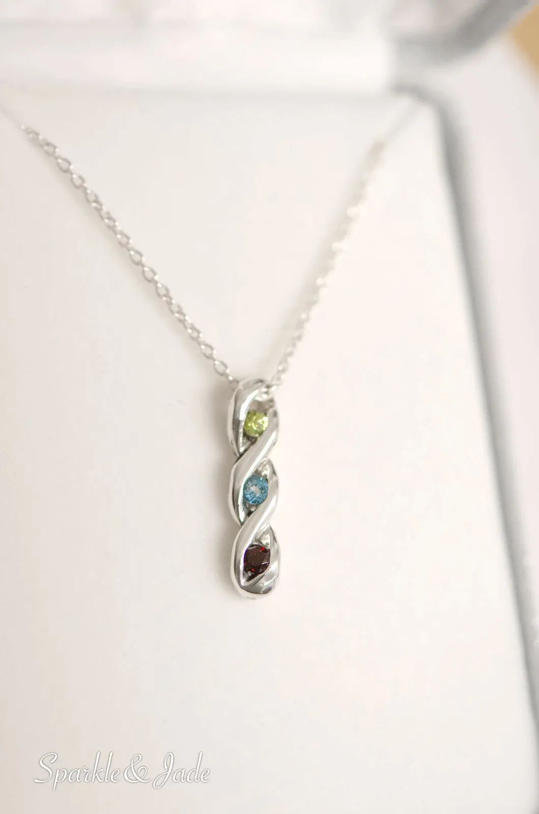 3-Stone Vertical Twist Mother's Family Birthstone Pendant Necklace