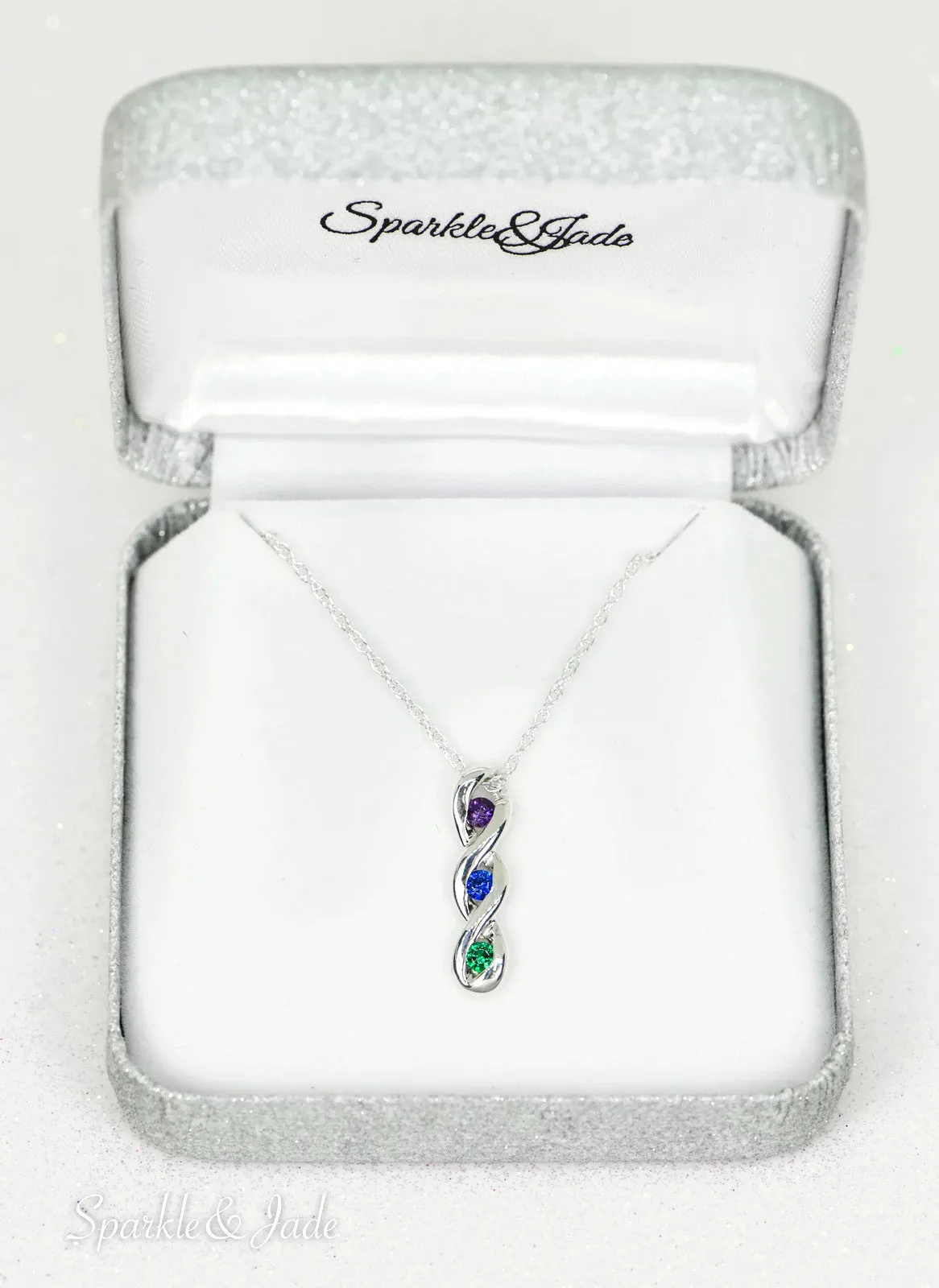 3-Stone Vertical Twist Mother's Family Birthstone Pendant Necklace