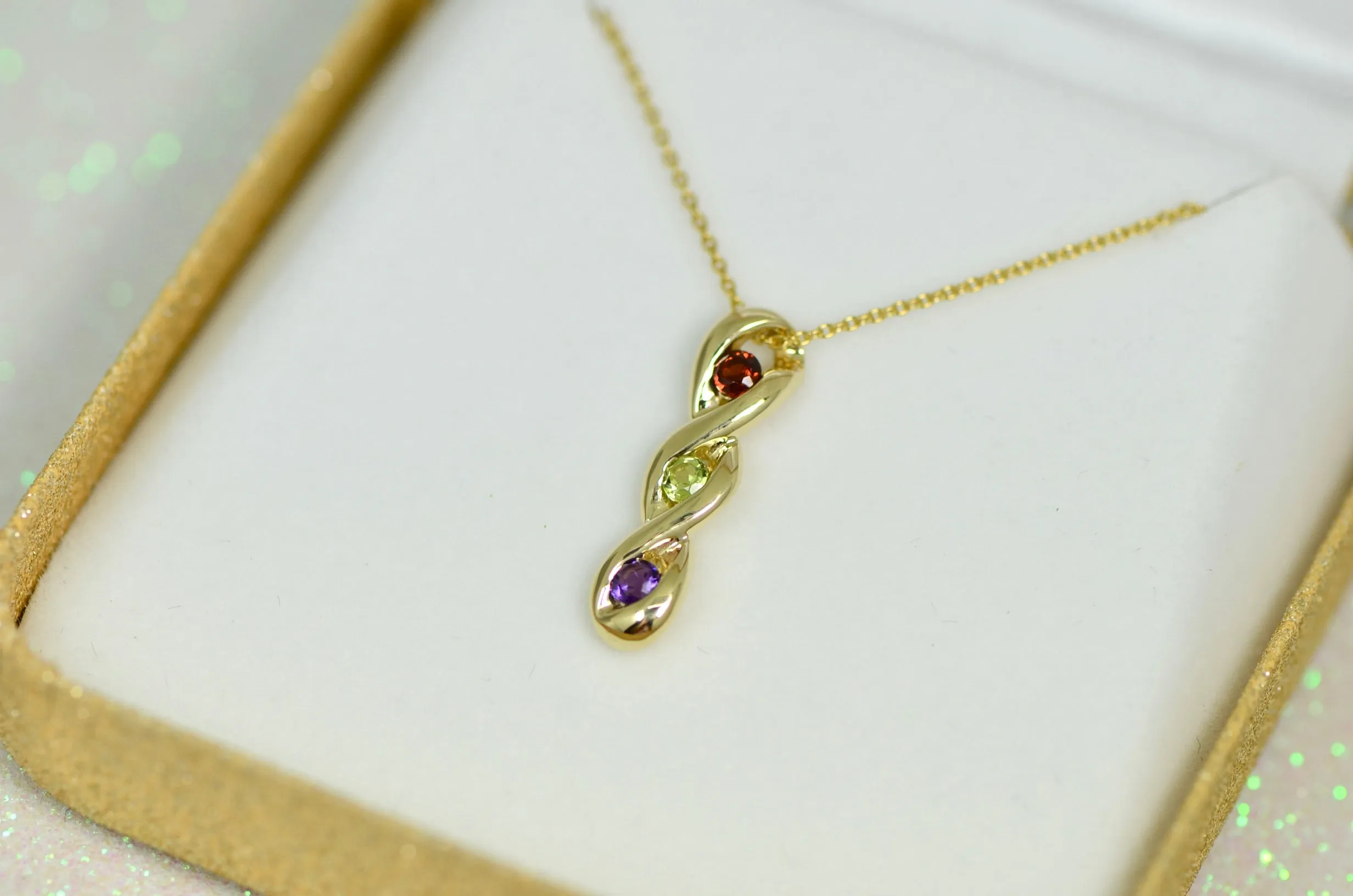 3-Stone Vertical Twist Mother's Family Birthstone Pendant Necklace