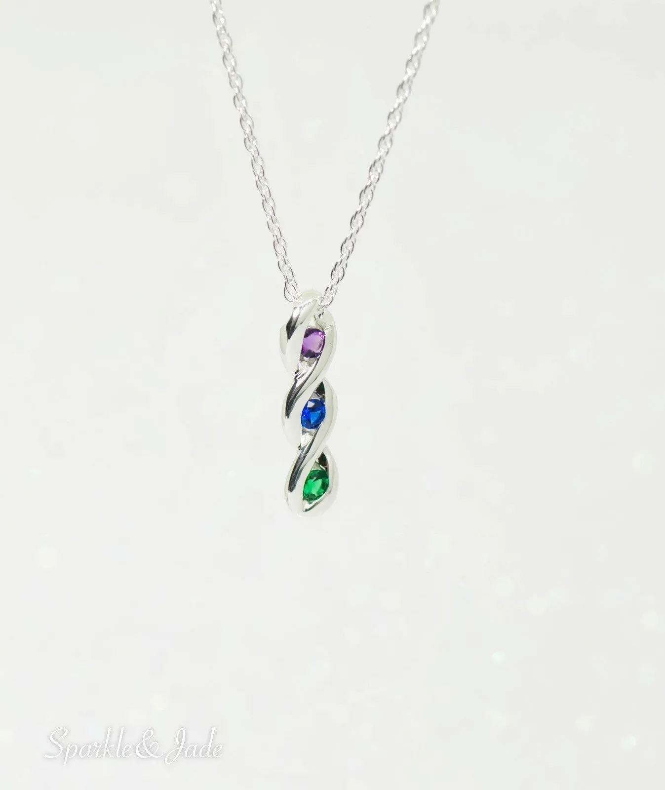 3-Stone Vertical Twist Mother's Family Birthstone Pendant Necklace