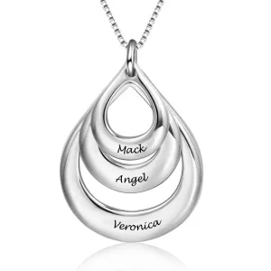 925 Sterling Silver Triple Water Drop Pendant Necklace with Three Customized Name Engravings