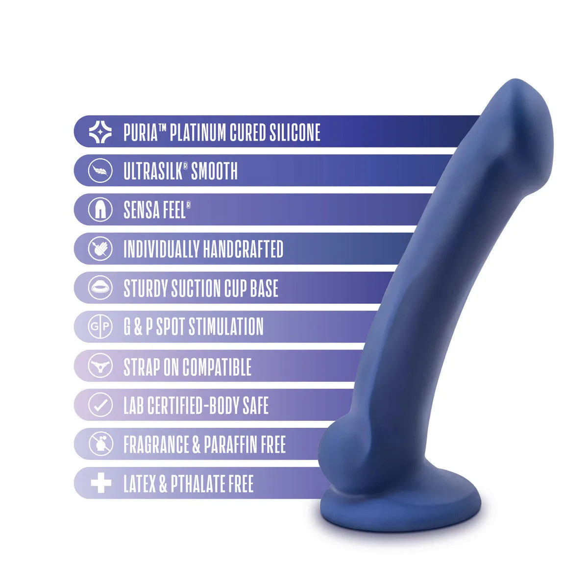 Avant By Blush® | Ergo Mini Indigo D10: Artisan 7 Inch Thin Dildo with Suction Cup Base - Elegantly Made with Smooth Ultrasilk® Purio™ Silicone