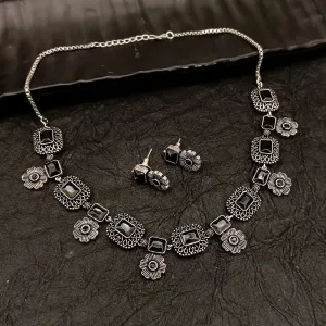 Bhavi Jewel Oxidised Plated Crystal Stone Necklace Set