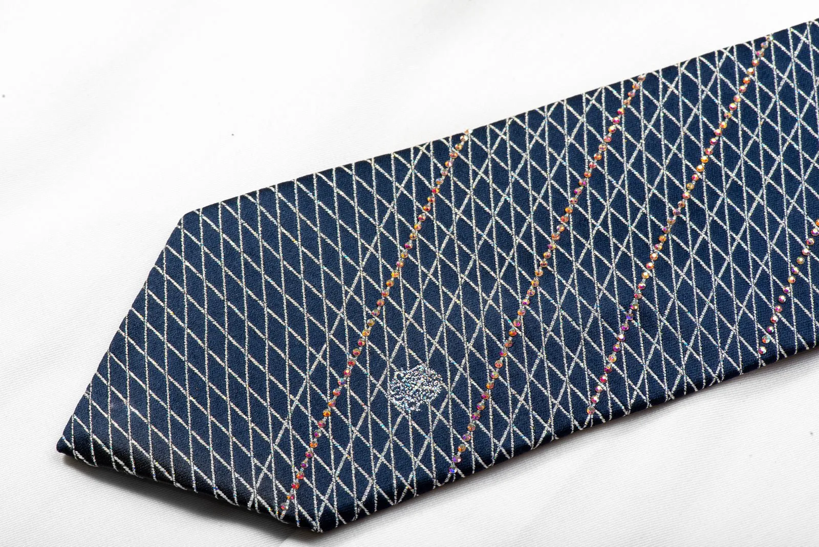 Christian Lacroix Men's Rhinestone Silk Necktie Silver Trellis On Navy With Sparkles