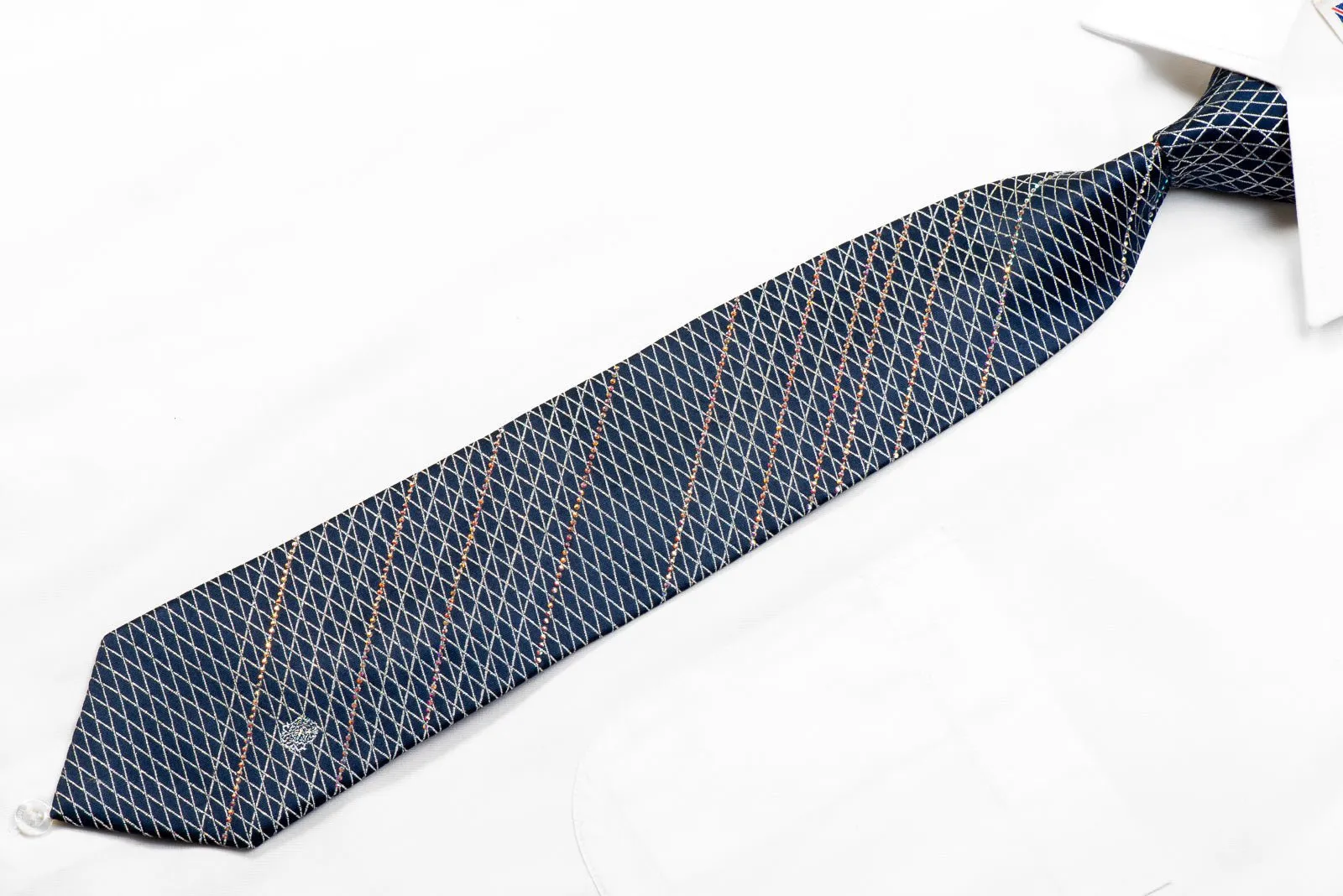 Christian Lacroix Men's Rhinestone Silk Necktie Silver Trellis On Navy With Sparkles