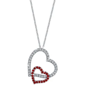 Double Heart Pendant with Diamonds & Rubies featuring 16 Inch Chain