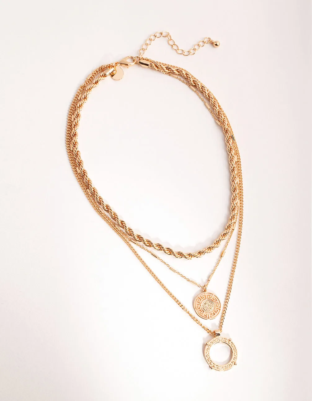 Gold Greek Key Disc Layered Necklace