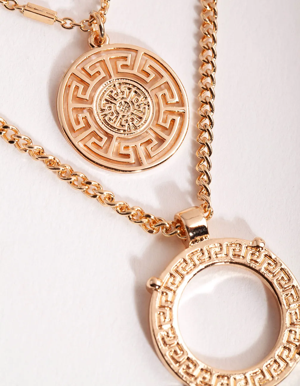 Gold Greek Key Disc Layered Necklace