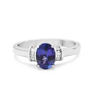 Platinum Tanzanite Ring With Baguette Diamond Set Shoulders