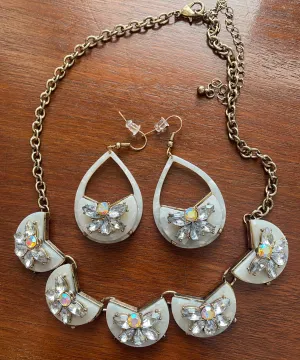 Pretty Statement Fashion Necklace Earrings Set Marbled Rhinestone Pageant