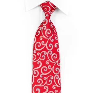 Renoma Men's Rhinestone Silk Necktie Silver Scrolls On Red With Silver Sparkles