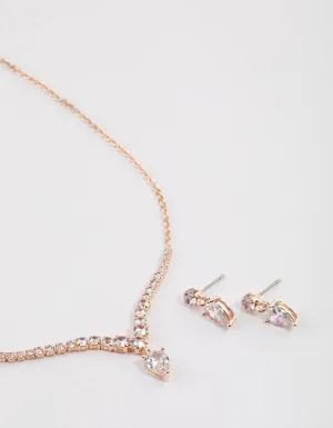 Rose Gold Pear Shape Drop Necklace & Earrings Set