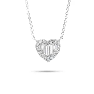 Round & Baguette Diamond Heart Pendant Necklace