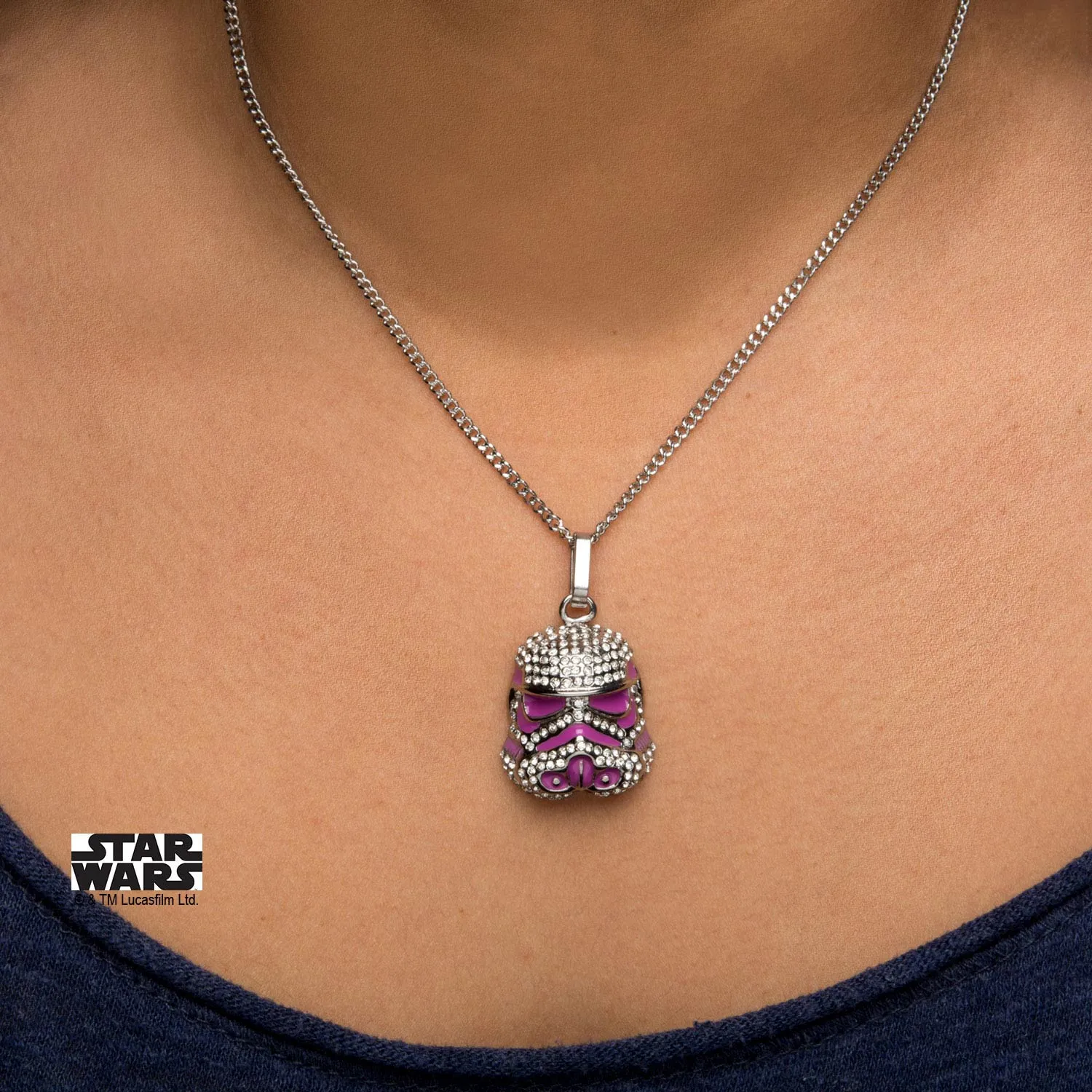 Star Wars Stormtrooper with Clear Gem and Pink Enamel Filled Pendant Necklace