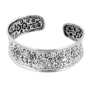 Womens Floral Cuff Bangle Bracelet 925 Sterling silver